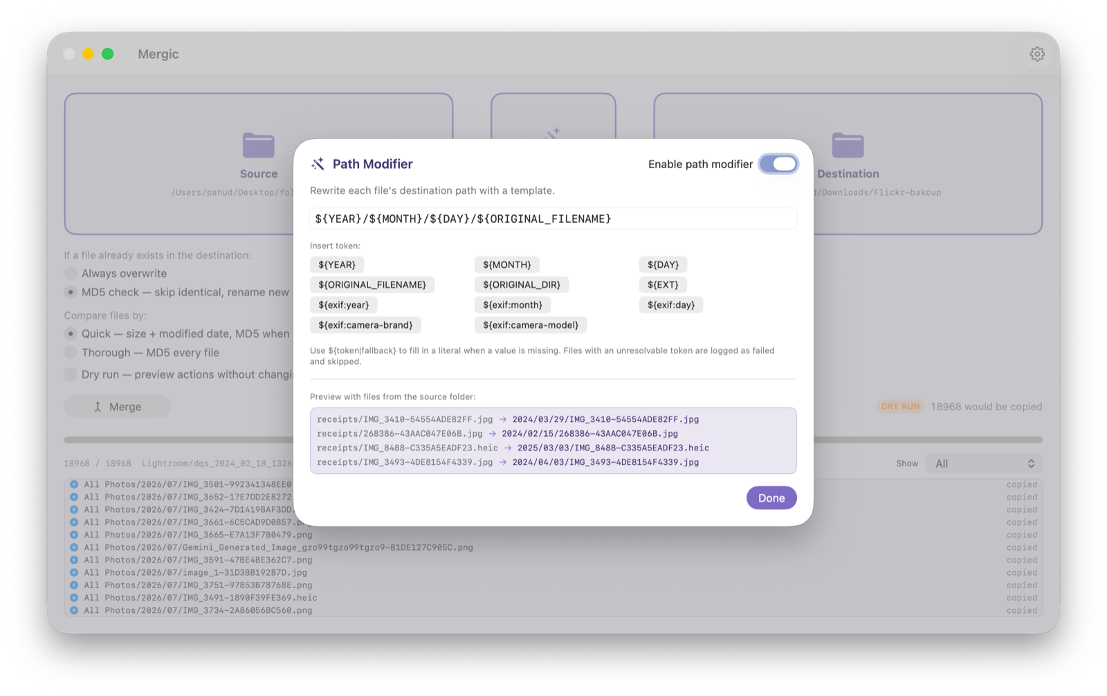 The modifier editor with template, token palette, and live preview